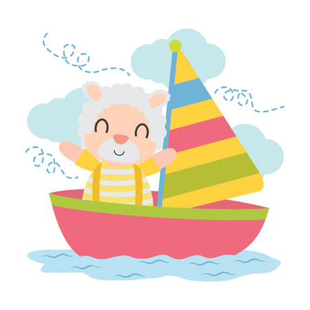 Cute sheep boy in the sailboat vector cartoon illustrationのイラスト素材