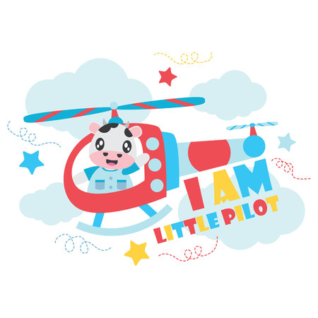 Cute cow as little pilot on helicopter vector cartoon illustration for Kid t-shirt background design, postcard, and wallpaperのイラスト素材