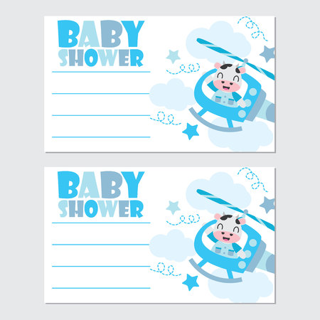 Cute cow in helicopter frame vector cartoon illustration for baby shower card design, postcard, and wallpaperのイラスト素材
