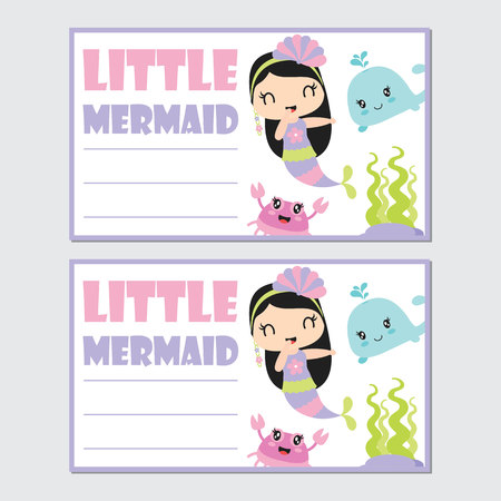 Little mermaid girl with her friend vector cartoon illustration for birthday card design, postcard, and wallpaperのイラスト素材