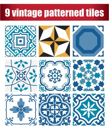 9 Set vintage tiles patterns antique seamless design in Vector illustrationのイラスト素材