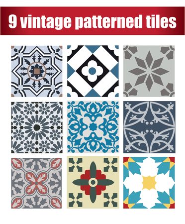 9 Set vintage tiles patterns antique seamless design in Vector illustrationのイラスト素材