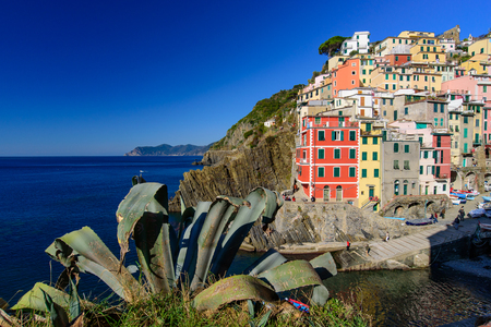 Riomaggiore, one of the five Mediterranean villages in Cinque Terre, Italy, famous for its colorful housesの写真素材