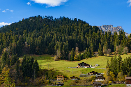 Traditional Swiss style houses on the green hills with forest in the Alps area of Switzerland,...
