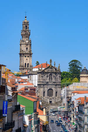 Buildings in Porto with ClÃ©rigos Church at background in Portugalのeditorial素材