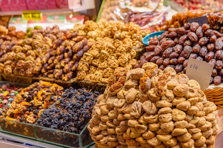Stall selling dried fruits in Spice Bazaar (Egyptian Bazaar), a covered market in Istanbul, Turkey