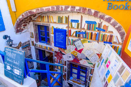 Atlantis Books, a bookshop on the main street of Oia, Santorin, Greeceのeditorial素材