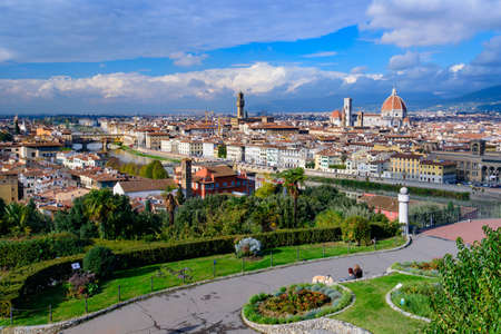 Panoramic view of the city of Florence from Michelangelo Square in Italyの写真素材