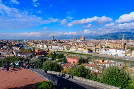 Panoramic view of the city of Florence from Michelangelo Square in Italyの写真素材