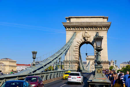 SzÃ©chenyi Chain Bridge across the River Danube connecting Buda and Pest, Budapest, Hungaryのeditorial素材