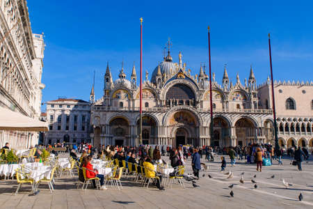 Outdoor dining seats at St Mark's Square (Piazza San Marco), Venice, Italyのeditorial素材