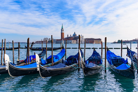 Church of San Giorgio Maggiore with gondolas, Venice, Italyの写真素材