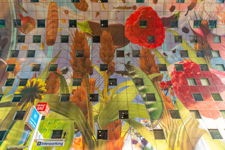 The colorful painting on the wall of Market Hall in Rotterdam, Netherlandsの写真素材