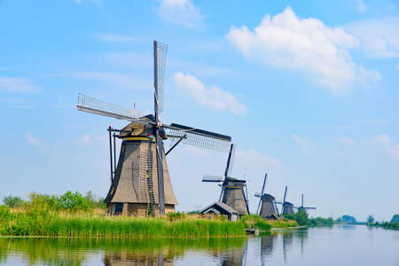 The windmills in Kinderdijk, a UNESCO World Heritage site in Rotterdam, Netherlandsのeditorial素材