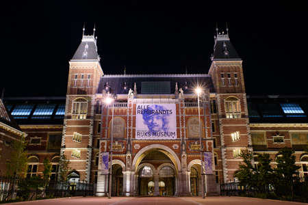 Night view of Rijksmuseum, the national museum of arts and history at the Museum Square in Amsterdam, Netherlandsのeditorial素材