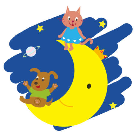 The Moon, the Dog, and the Catのイラスト素材