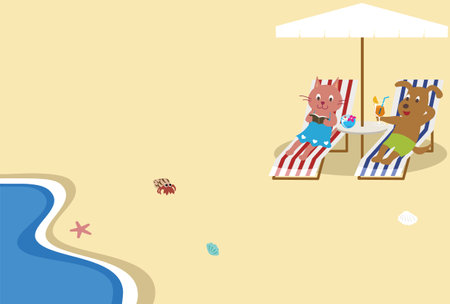 A cat and a dog on the beachのイラスト素材