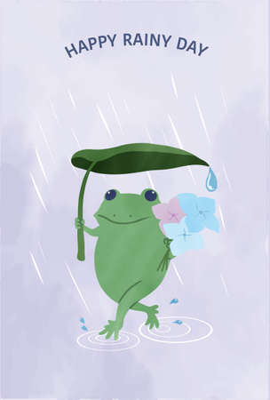 a frog going out in the rainy dayのイラスト素材