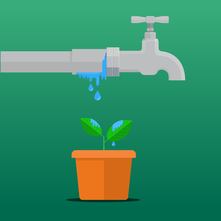 Save water concept.Pipe leaking and water drop on leaf.のイラスト素材