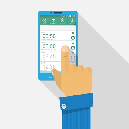 Hand setting alarm to smartphone vector flat design.のイラスト素材