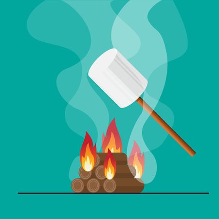 Bonfire and marshmallow on stick vector flat design.のイラスト素材