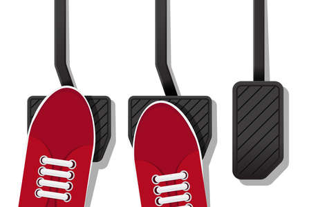 Foot pressing the brake and clutch pedal of manual transmission car isolated on white background.のイラスト素材