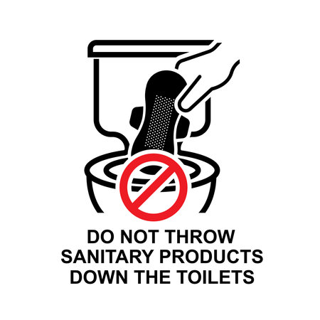 Do not throw sanitary products down the toilets warning sign isolated on white background vector illustration.のイラスト素材