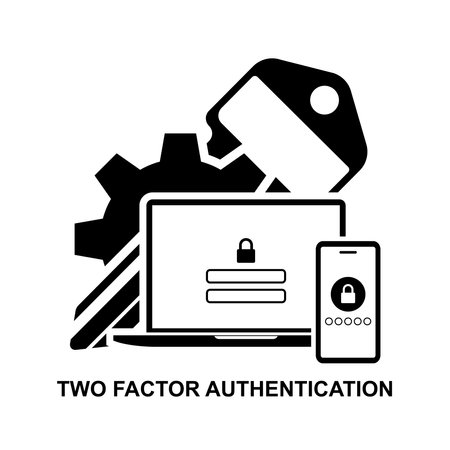Two factor authentication icon. 2FA icon.Two factor verification via laptop and phone isolated on white background vector illustration.のイラスト素材