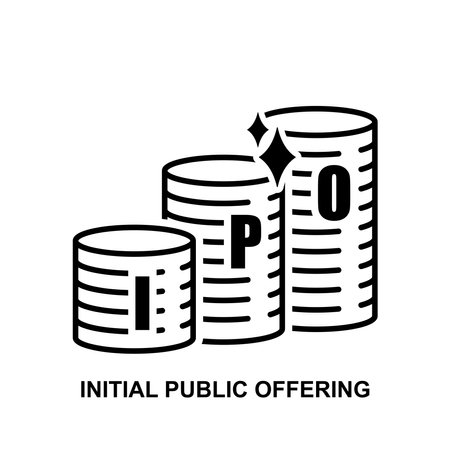 IPO Icon. Stacks of coins with the letters. Initial public offering isolated on background vector illustration.のイラスト素材