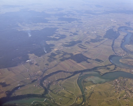 look down from airplant of the country landscape of switzerland