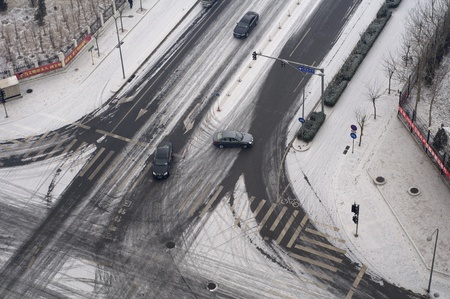 main road crossing in the snow time