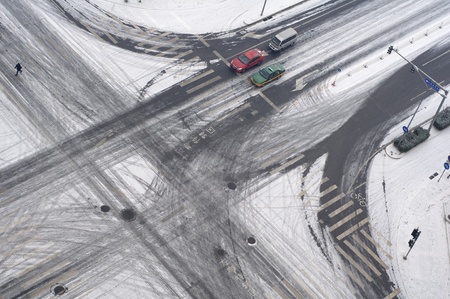 main road crossing in the snow time
