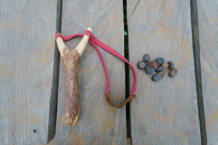 Wooden catapult and Seed of Afzelia xylocarpa on wood background textureの写真素材