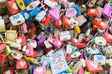 SEOUL, SOUTH KOREA - DECEMBER 12 -  Love padlocks at N Seoul Tower December 12 ,2016 in Seoul City, Korea. People Believe That Their Love Will Be Lock Together With This Padlock at N Seoul Towerのeditorial素材