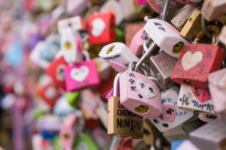 SEOUL, SOUTH KOREA - DECEMBER 12 - Love padlocks at N Seoul Tower December 12 ,2016 in Seoul City, Korea. People Believe That Their Love Will Be Lock Together With This Padlock at N Seoul Towerのeditorial素材