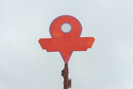 Red pin point on steel with mist backgroundの写真素材