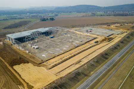 aerial view of construction of new battery warehouse in central europe, for production of electric cars, hyundai czech nosovice 24.03.2020のeditorial素材