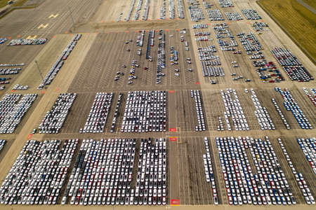 aerial view of big parking lot of new cars from car factory in slovakia , kia 08.03.2020のeditorial素材