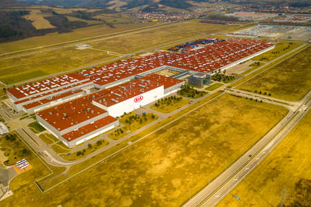 aerial view of big factory in europe to produce new cars, slovakia kia zilina 08.03.2020のeditorial素材