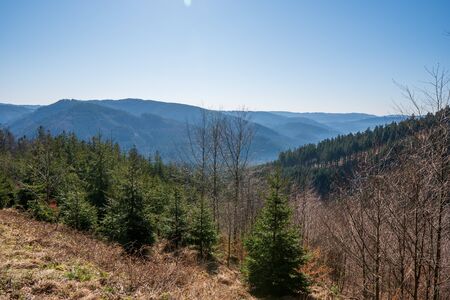 Beautiful view of mountains covered with spruces and dam in valley, Czech Beskydy lysa horaの写真素材