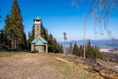 lookout tower on top of Kozubov mountain with view of Jablunkov, Czech Beskydyの写真素材