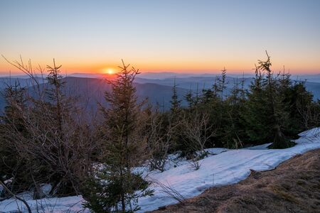 sunrise in the mountains early in the morning, czech beskydyの写真素材