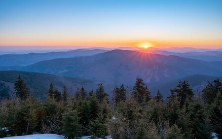 sunrise in the mountains early in the morning, czech beskydyの写真素材