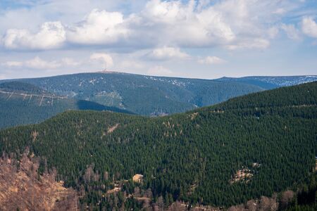 beautiful view of the mountains covered with spruce trees with a beautiful sky in Jeseniky mountains, Czech Praded in the backgroundの写真素材