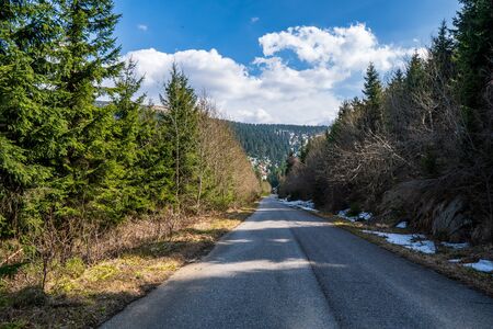asphalt sun in the mountains with forest along, czech jeseniky mountainsの写真素材