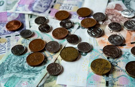 coins and banknotes czech currency, czk czechの写真素材