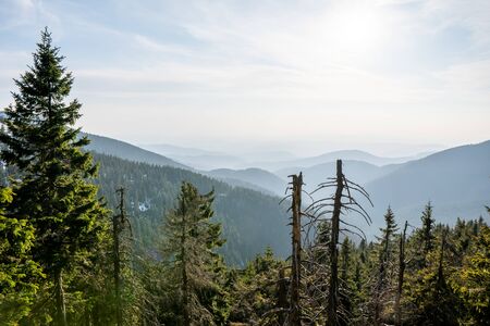 view of the valley with hills and fog and beautiful sky with the sun, hiking in the mountains, "Czech Jeseniky Velký máj"の写真素材