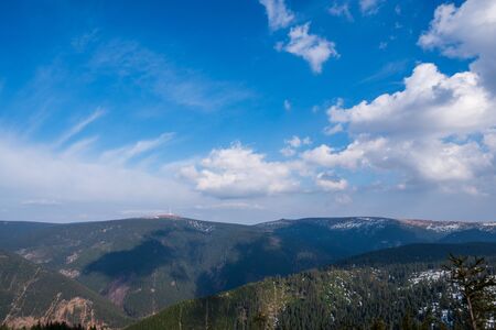 spruce forests in the mountains with a beautiful sky on a sunny day, Czech Jeseniky mountainsの写真素材