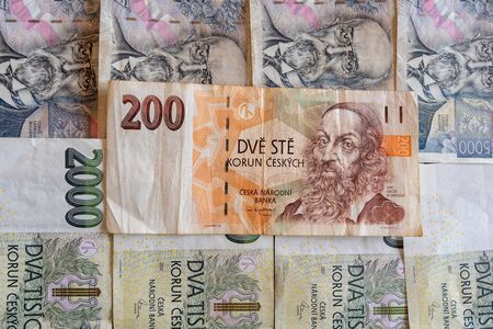 Czech banknote 200 CZK with a background of 5000 CZK banknotesの写真素材