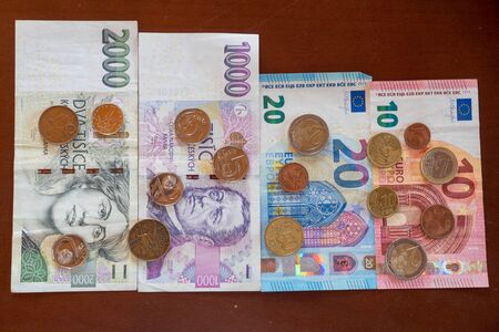 various euro and CZK banknotes and coinsの写真素材